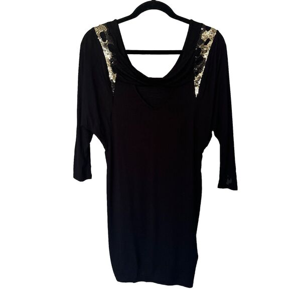 Fitted Black Gold Party Mini Dress Scoop Neck 3/4 Sleeve Sequin Stretch Size S - Picture 2 of 12